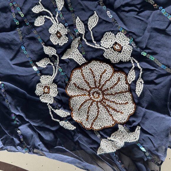 Sue Wong Scarf Shawl Navy Blue White Beaded 100 Silk Long Large Runner Chiffon 1 - Picture 2 of 16